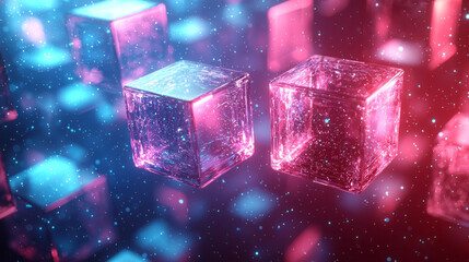 Glowing blue and pink cubes forming an abstract cluster,