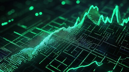Poster - abstract data visualization with glowing green graph on a dark background, ideal for financial or te