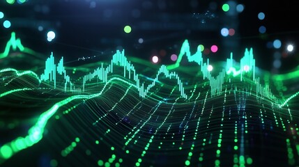 Poster - Abstract data visualization with glowing green lines and dots on a dark background, representing digital information flow.