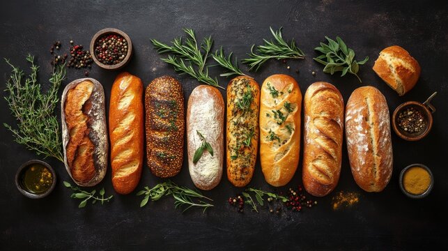 A creative flat lay of different types of bread loaves arranged with herbs and spices, emphasizing the ingredients that enhance the flavor of freshly baked bread.