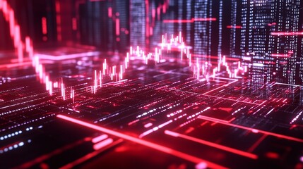 Poster - abstract data visualization with glowing red lines and graphs representing digital trends and analyt