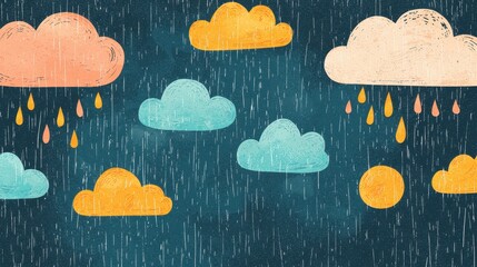 Hand-drawn clouds and raindrops, crayon texture, flat design illustration