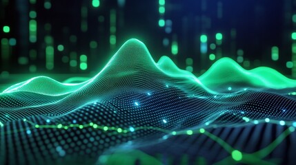 Poster - Abstract data visualization with green and blue waves representing information and digital signals.