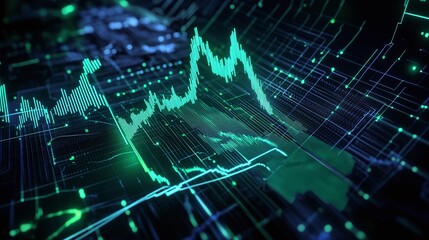 Poster - abstract data visualization with green graph lines on a dark background, representing analytical tre