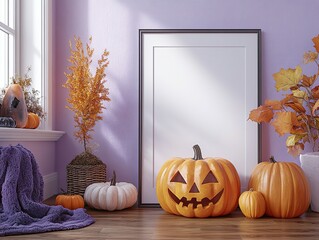 Vertical art frame on the floor, purple wall, room decorated with halloween themed decor, close up of frame, full view, mockup