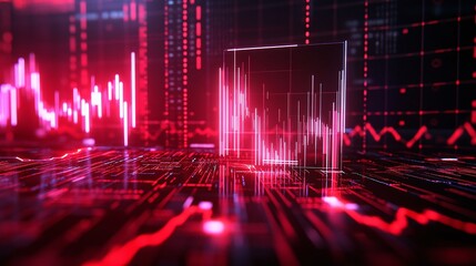 Poster - abstract data visualization with red graphs and digital elements on a dark background.