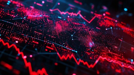 Poster - abstract data visualization with red graphs and digital elements on a dark background.