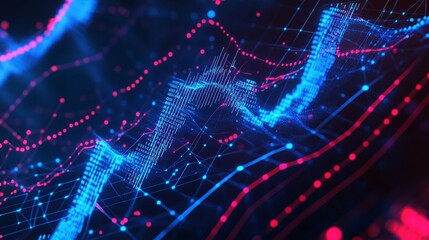 Poster - Abstract data visualization with vibrant blue and red lines on a dark background.