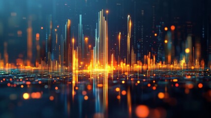 Poster - A creative representation of multiple 3D bar graphs forming a city skyline, with lights and reflections, symbolizing the intersection of finance, growth, and urban development.