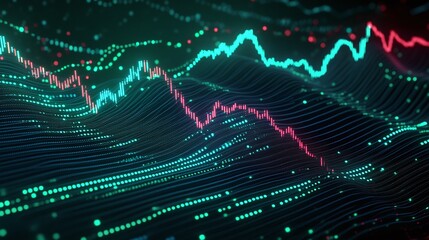 Poster - abstract data visualization with vibrant lines and dots reflecting trends in technology and finance.