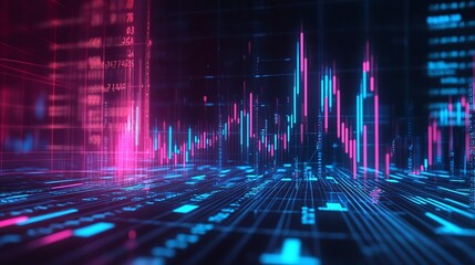 Poster - abstract data visualization with vibrant neon colors and digital graphs on a dark background.