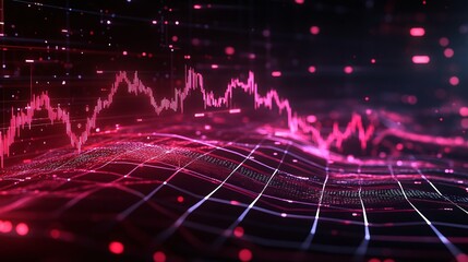 Poster - abstract data visualization with vibrant pink and purple waves showcasing financial trends in a digi