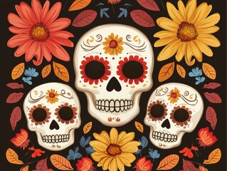 Colorful sugar skulls surrounded by vibrant flowers on a dark background.