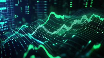 Poster - Abstract digital background of financial data visualization with green graphs and data analysis.