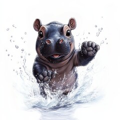 A cute hippo splashes playfully in water, showcasing its happy expression and the dynamic motion of droplets around it.