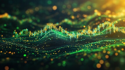 Poster - abstract digital background with bright green and golden wave patterns, representing data visualizat