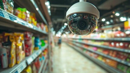 Aufkleber - A detailed view of a surveillance camera installed in a retail store, capturing customers and merchandise, showcasing its role in loss prevention and customer safety.
