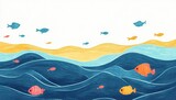Simple crayon doodles of ocean waves and fish, beach theme, flat design illustration