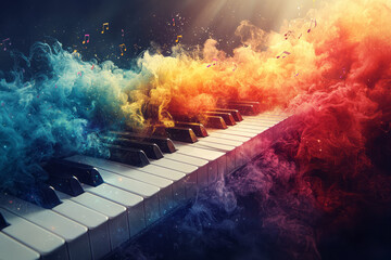 Poster - A piano keyboard flowing into vibrant musical waves,