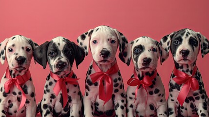 Seamless pattern with Dalmatian dogs with red ribbons on their necks on a pink background. Vector graphics