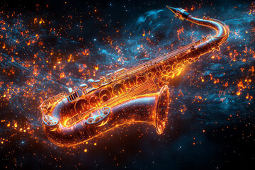 Poster - A saxophone dissolving into glowing musical notes,