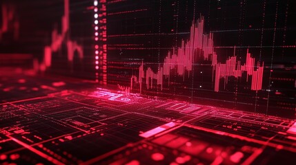 Poster - Abstract digital background with red data charts, depicting stock market and financial analysis in a futuristic design.