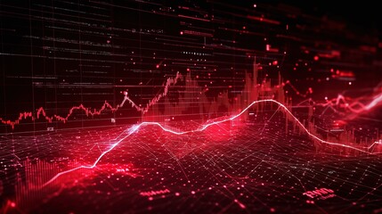 Poster - abstract digital background with red glowing data visualizations and interconnected lines representi