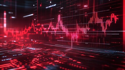 Poster - abstract digital background with red graphs and data visualization elements.