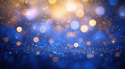 Glittering bokeh lights on a blue background, festive and colorful.