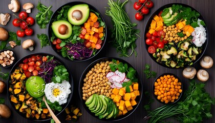 Colorful Vegan Salad Bowl Featuring Avocado, Mushroom, Chickpeas, and Butternut Squash