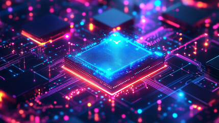 Poster - An abstract digital technology background featuring an isometric AI chip with an AI hologram, set against a circuit tech backdrop. Connected lines and electric lightning surround the design, with a br