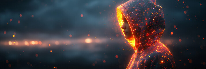 Poster - A person in a holographic hoodie that reflects neon lights,