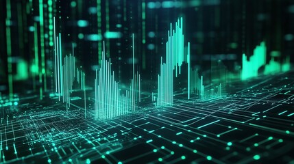 Poster - abstract digital data representation with green lines and graphs, symbolizing data analysis and tech