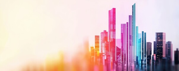 Modern city skyline with colorful buildings against a soft gradient sky.