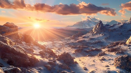 Poster - A dramatic sunrise scene with the sun peeking over a distant mountain ridge, casting long shadows and warm light across a rugged landscape of rocks and snow.