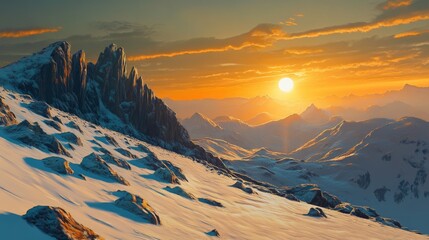 Poster - A dramatic sunrise scene with the sun peeking over a distant mountain ridge, casting long shadows and warm light across a rugged landscape of rocks and snow.