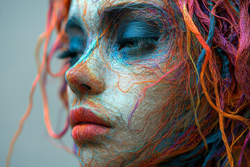 Poster - A face crafted from tangled multicolored yarn,