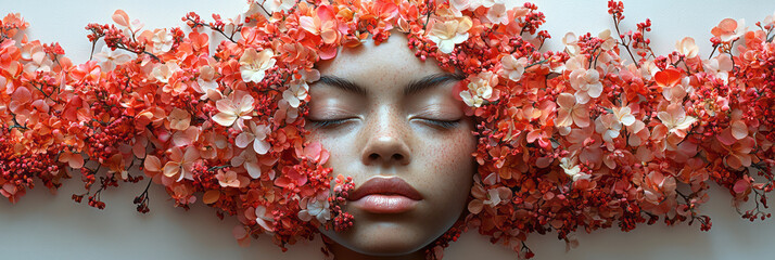 Aufkleber - A delicate portrait formed from vibrant flowers,