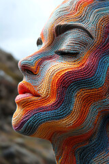 Poster - A face constructed from colorful threads of yarn,