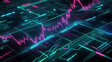 Poster - abstract digital data visualization with colorful, vibrant lines representing statistics and graphs.