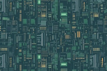 Poster - the seamless electronics circuit board background texture is a vibrant neon lime green and dark turq