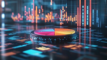 Poster - A dynamic 3D pie chart displaying various financial data segments, with vibrant colors and floating labels, set against a sleek digital backdrop, illustrating the power of data visualization.