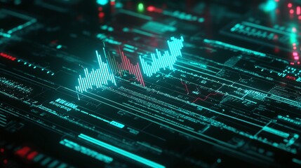 Poster - abstract digital data visualization with glowing graphs and circuitry patterns in blue and red hues.