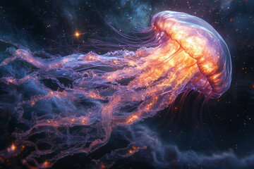 Poster - A jellyfish with a transparent body revealing an entire galaxy swirling inside it,
