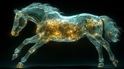 Aufkleber - A transparent horse galloping, with glowing gears and pistons visible inside,
