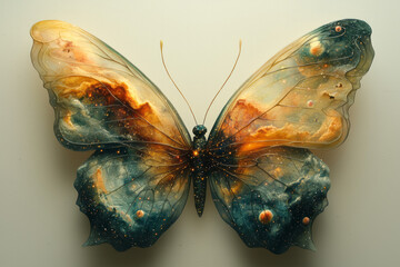 A transparent butterfly with wings showing swirling galaxies and cosmic clouds,