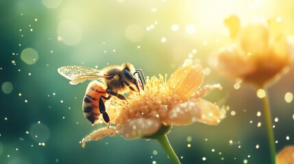 Poster - A dynamic shot of a bee landing on a flower covered in dew, showcasing the interaction between wildlife and plant life in a natural setting.