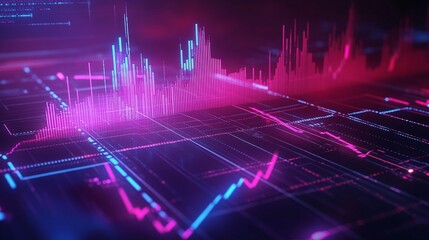 Poster - abstract digital data visualization with glowing lines and bars in vibrant pink and blue colors.