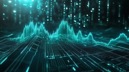 Abstract digital data visualization with glowing line graph and binary code background.