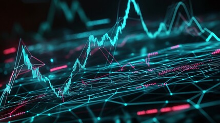 Poster - abstract digital data visualization with glowing lines and graphs representing financial trends and 